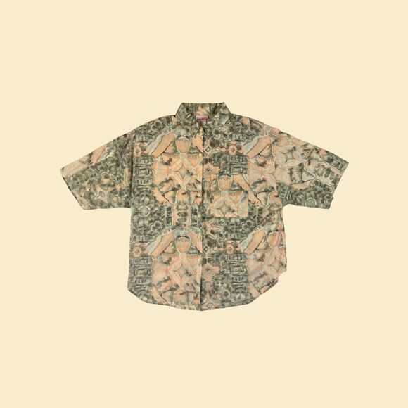 1970s abstract blouse by Hot Stuff, vintage pink/green short sleeve button down - Picture 1 of 8